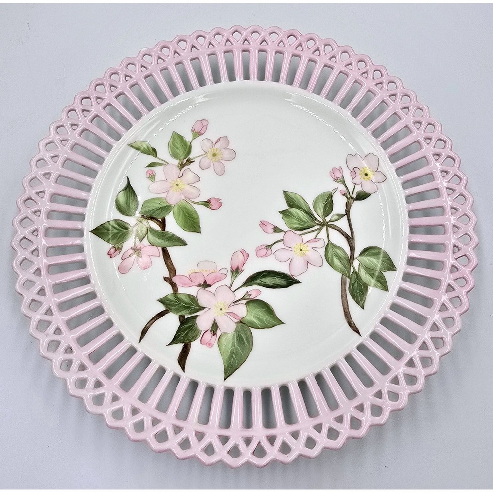 Pink Reticulated Pierced Lattice Rim Porcelain Plate Pink Crab Apple Blossoms 9"